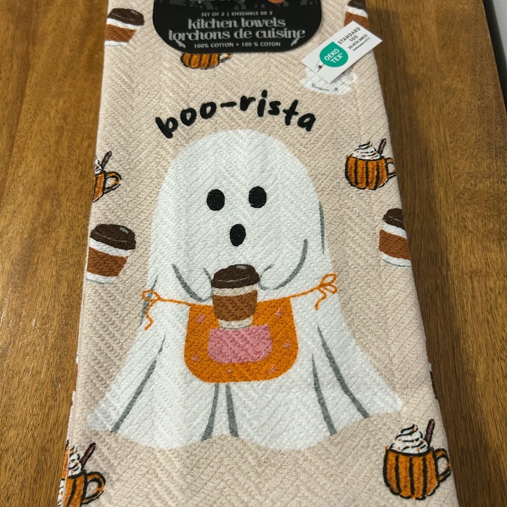 ⭐️ 2/$50 Ghost Kitchen Towels Barista Pumpkin Spice Latte Halloween